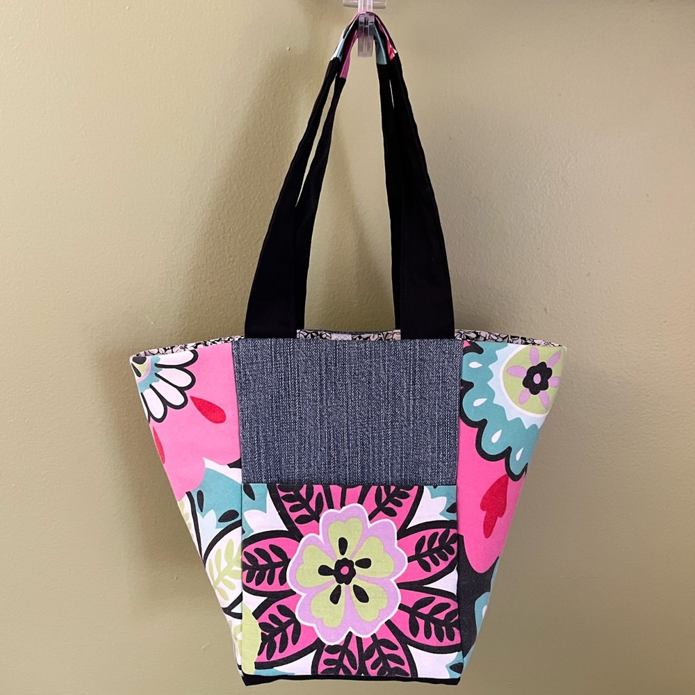 Handmade One Of A Kind Vibrant Floral Upcycled Fabric & Denim Patchwork Bag